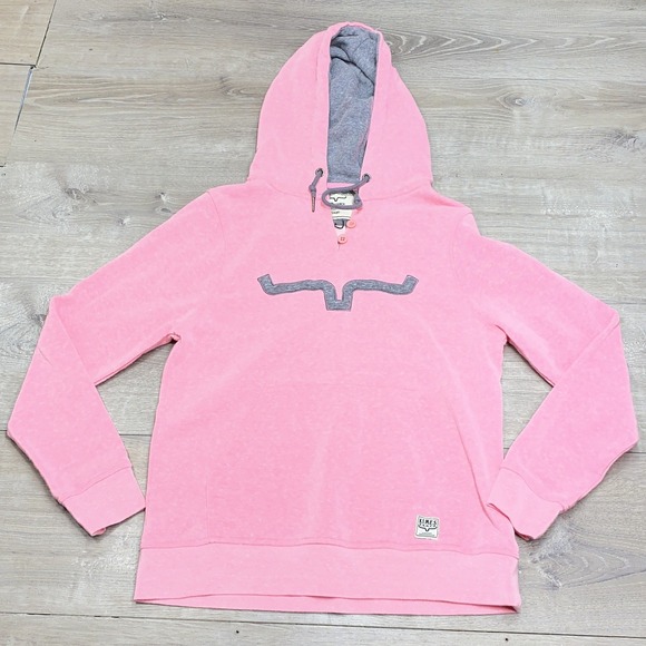 Kimes Ranch Tops - Kimes Ranch Hoodie Womens Small Pink Fleece Henley Western Logo Graphic Pullover